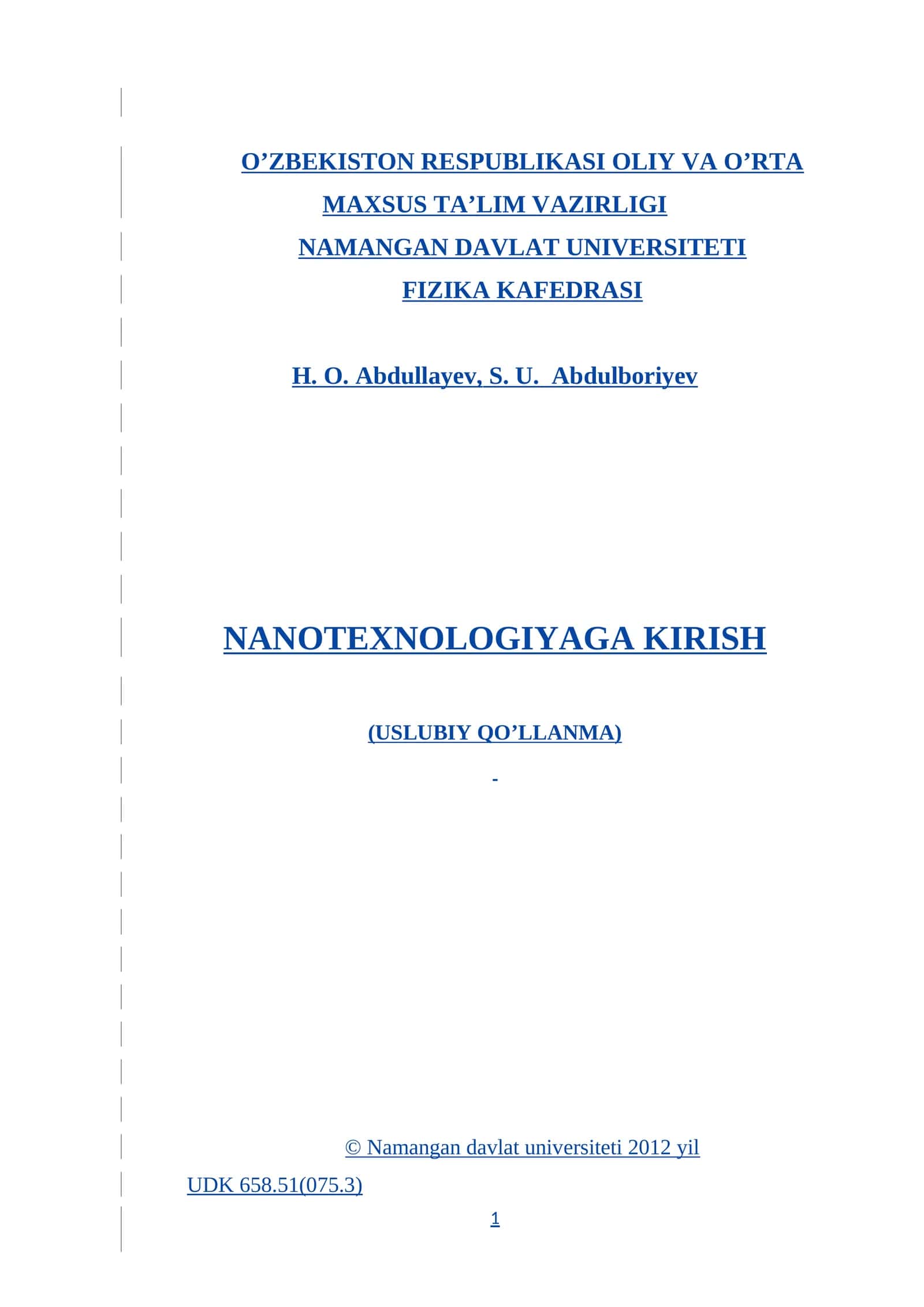NANOTEXNOLOGIYAGA KIRISH (USLUBIY QO’LLANMA) 1