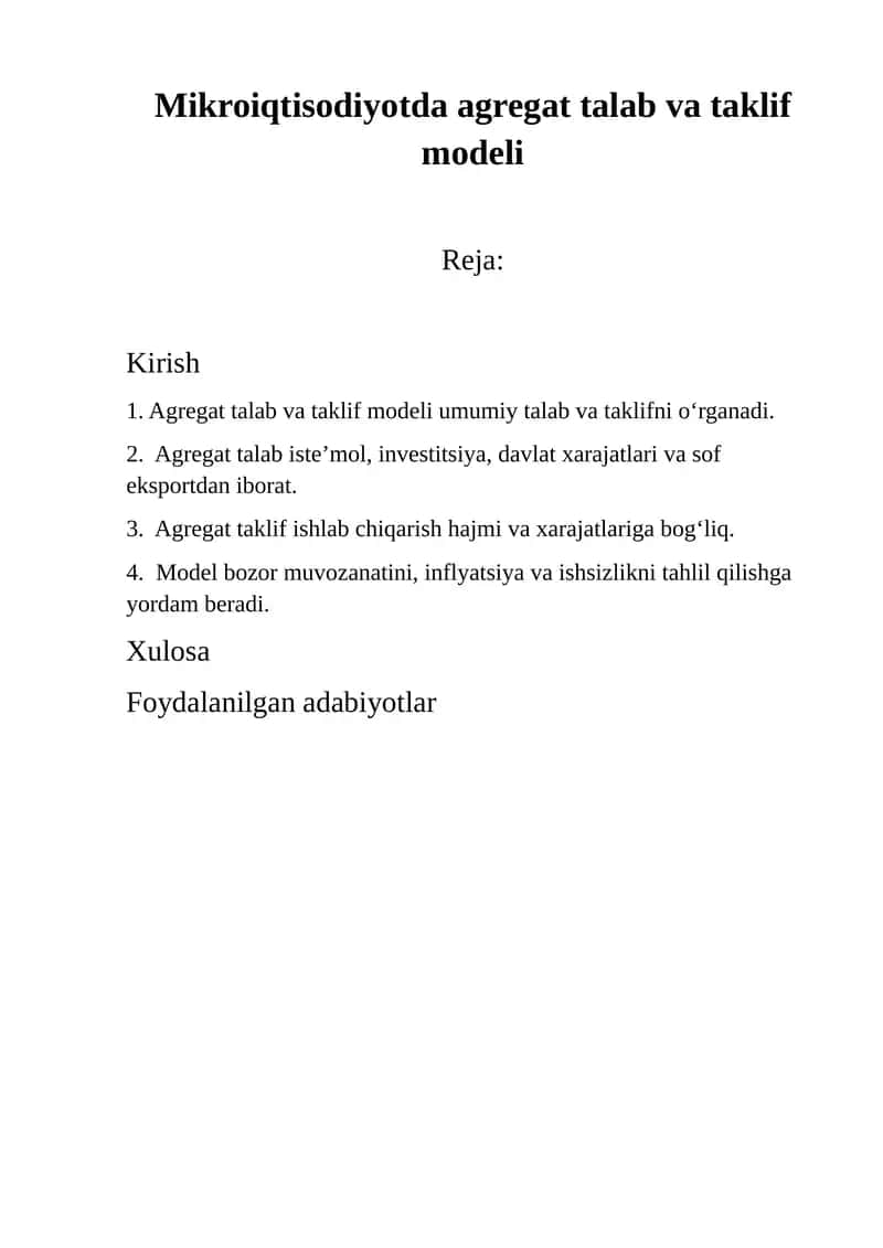 Mikroiqtisodiyotda agregat talab va taklif modeli 1
