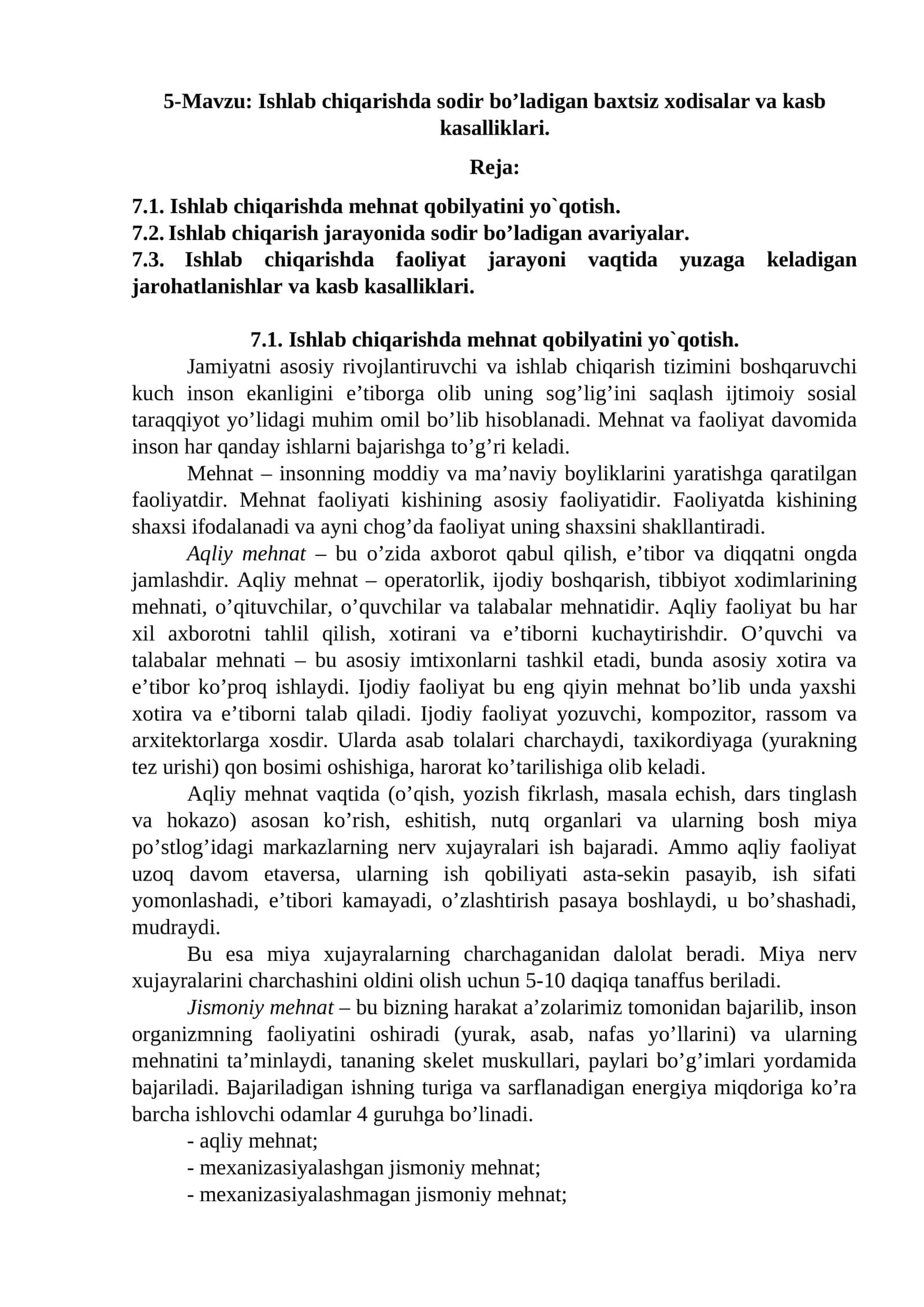 Ishlab chiqarishda sodir bo’ladigan baxtsiz xodisalar va kasb kasalliklari 1