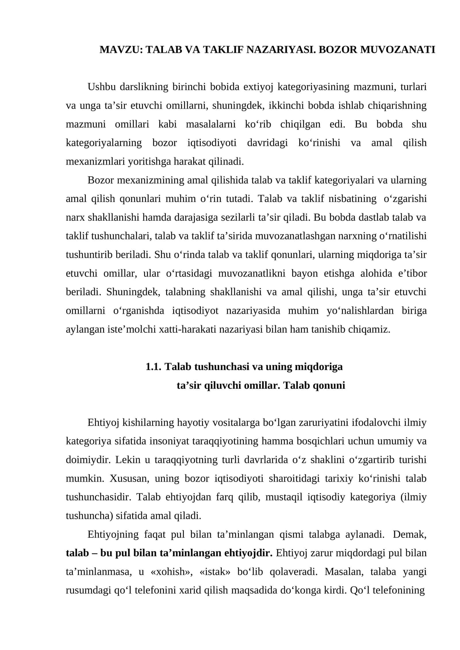 TALAB VA TAKLIF NAZARIYASI. BOZOR MUVOZANATI 1