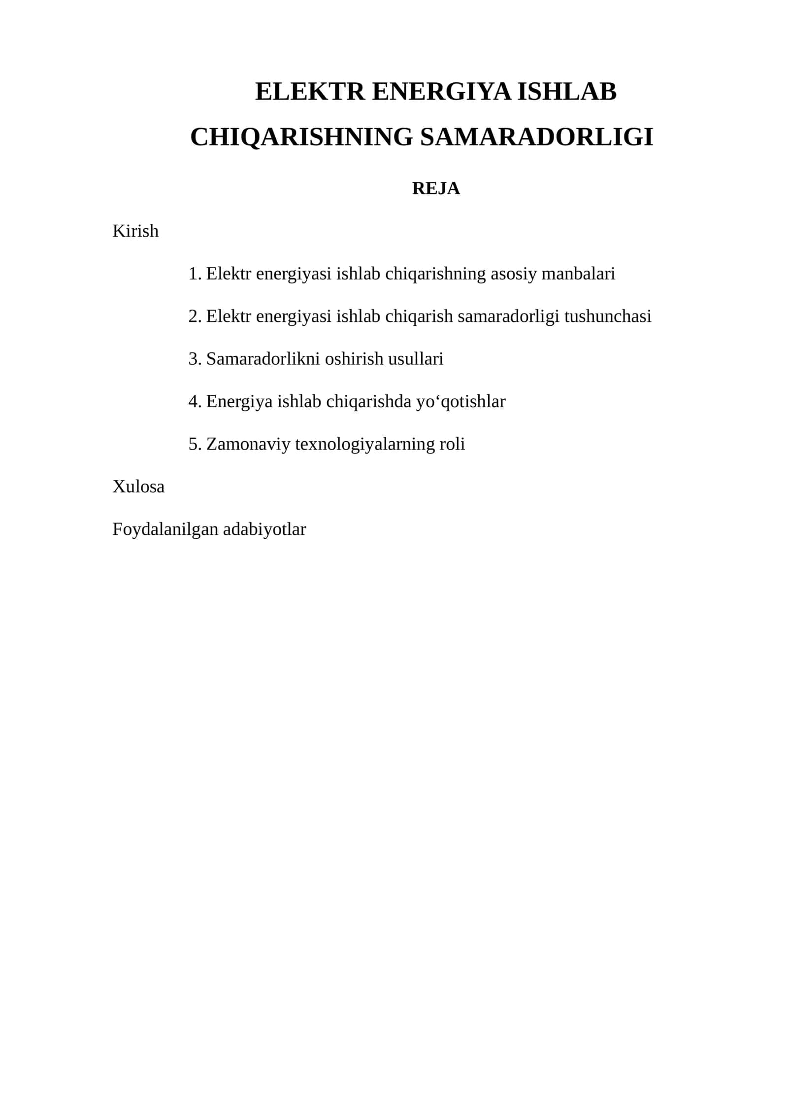 ELEKTR ENERGIYA ISHLAB CHIQARISHNING SAMARADORLIGI 1
