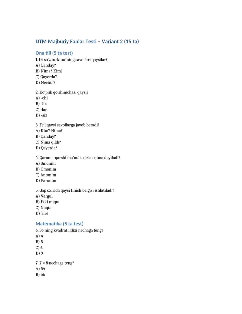 DTM majburiy 3 fan (ona tili, matematika, tarix) bo‘yicha 15 talik test Word faylda 2-namuna. 1