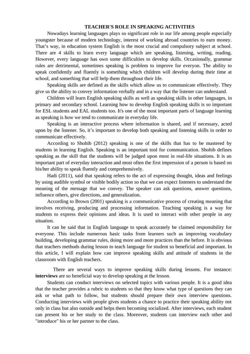 TEACHER'S ROLE IN SPEAKING ACTIVITIES 1