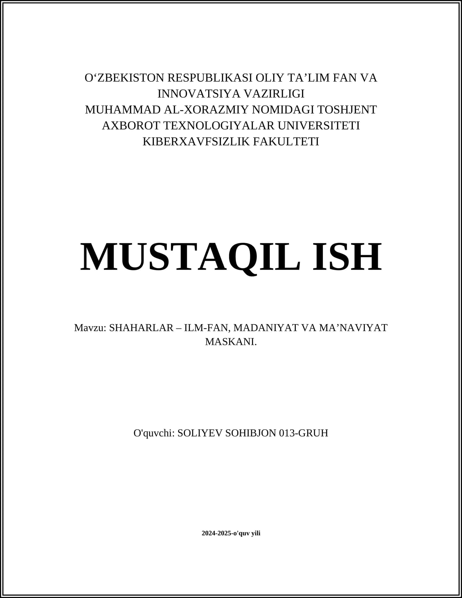 SHAHARLAR – ILM-FAN, MADANIYAT VA MA’NAVIYAT MASKANI 1