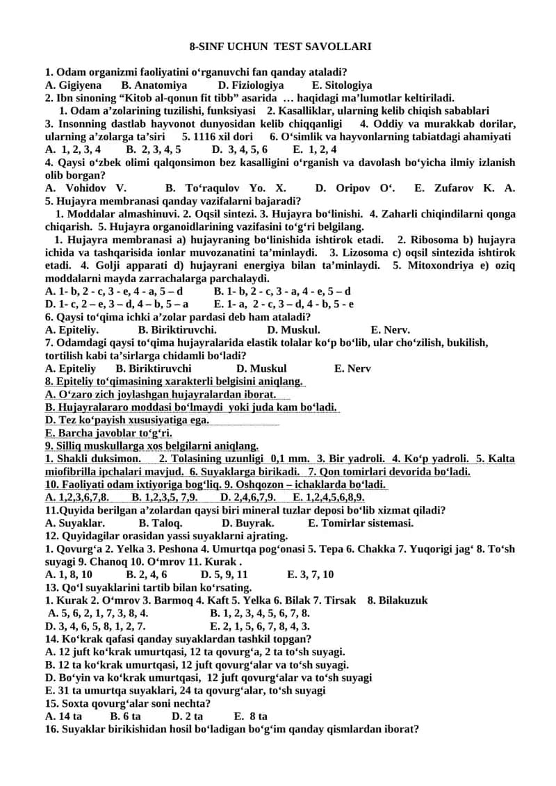 8-SINF UCHUN TEST SAVOLLARI 1