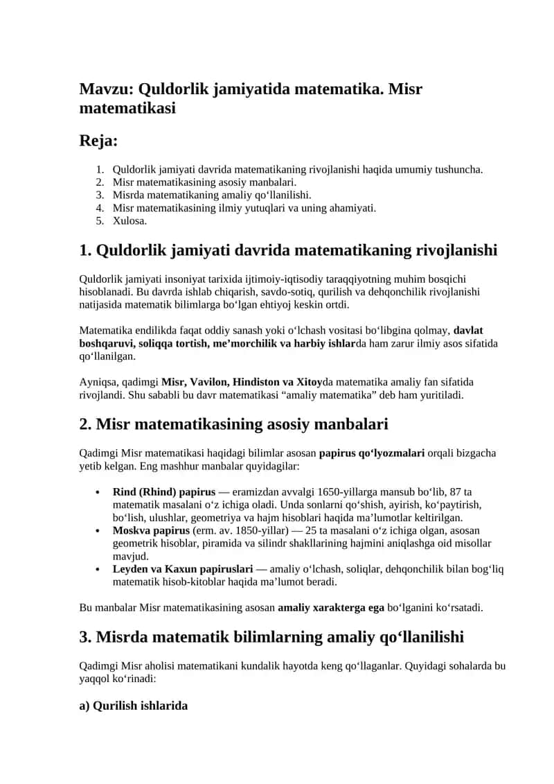 Quldorlik jamiyatida matematika. Misr matematikasi 1