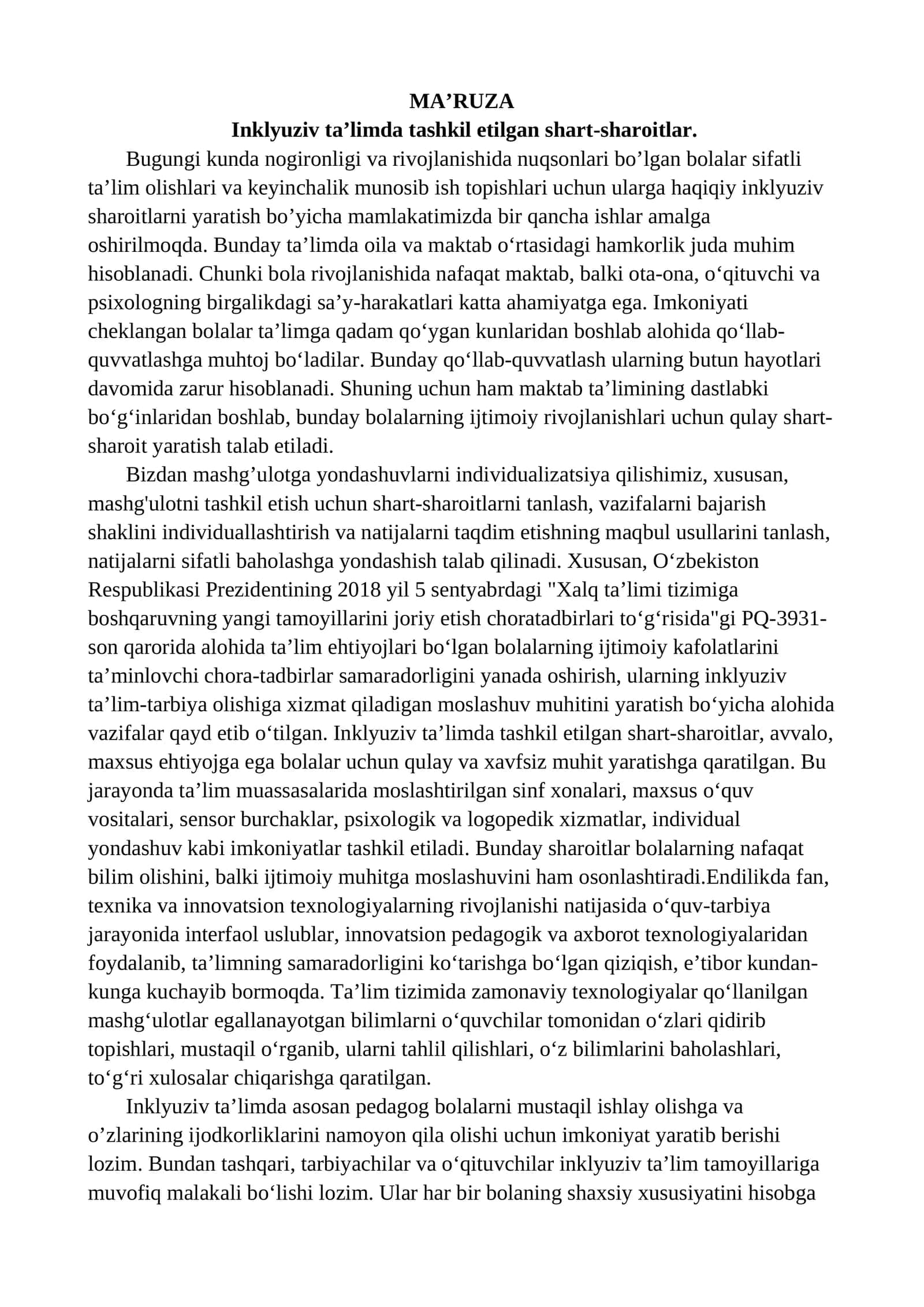 Inklyuziv ta’limda tashkil etilgan shart-sharoitlar. 1