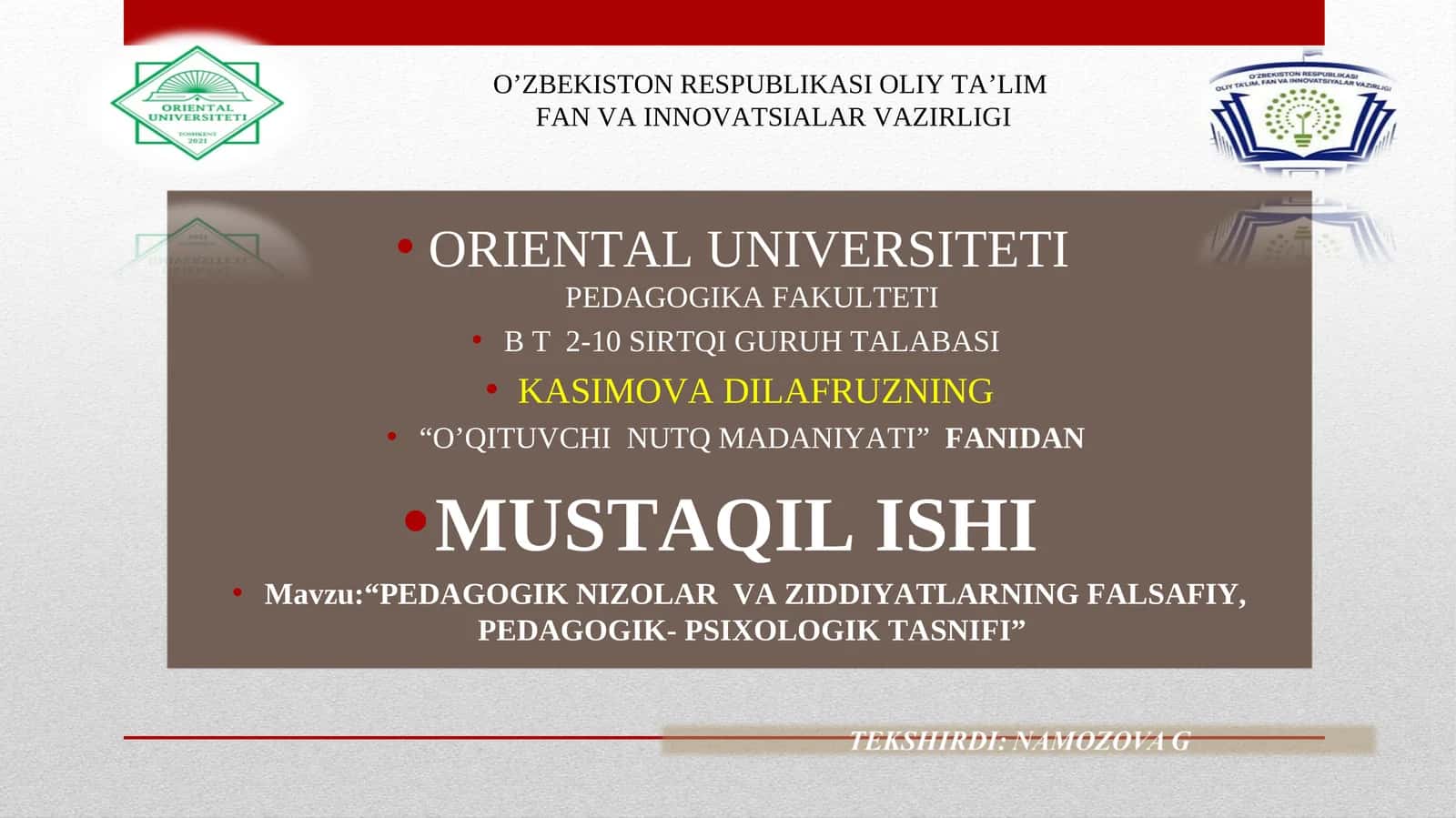O'qituvchi Nutq Madaniyati Fanidan Mustaqil Ish 1