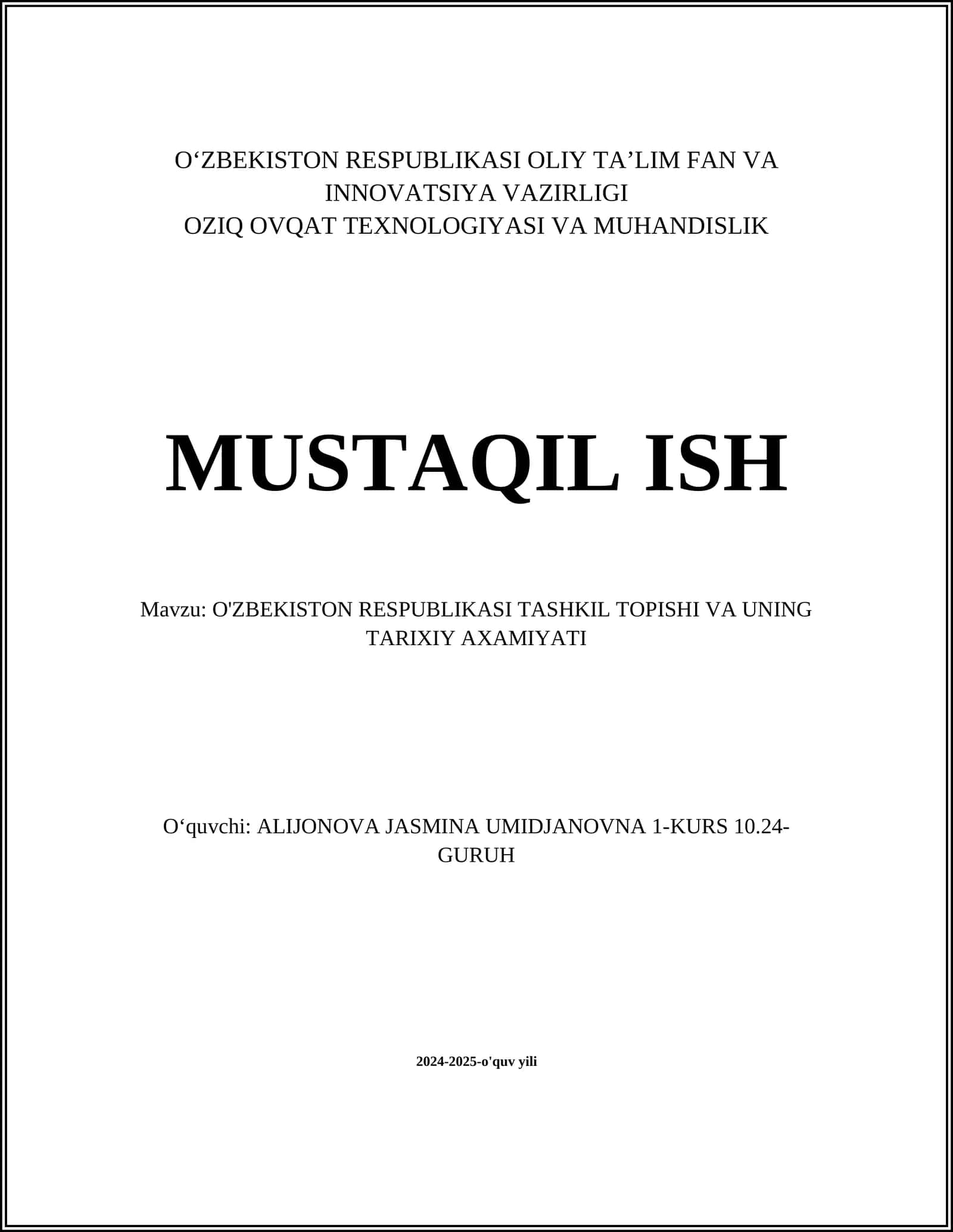 O'ZBEKISTON RESPUBLIKASI TASHKIL TOPISHI VA UNING TARIXIY AXAMIYATI 1