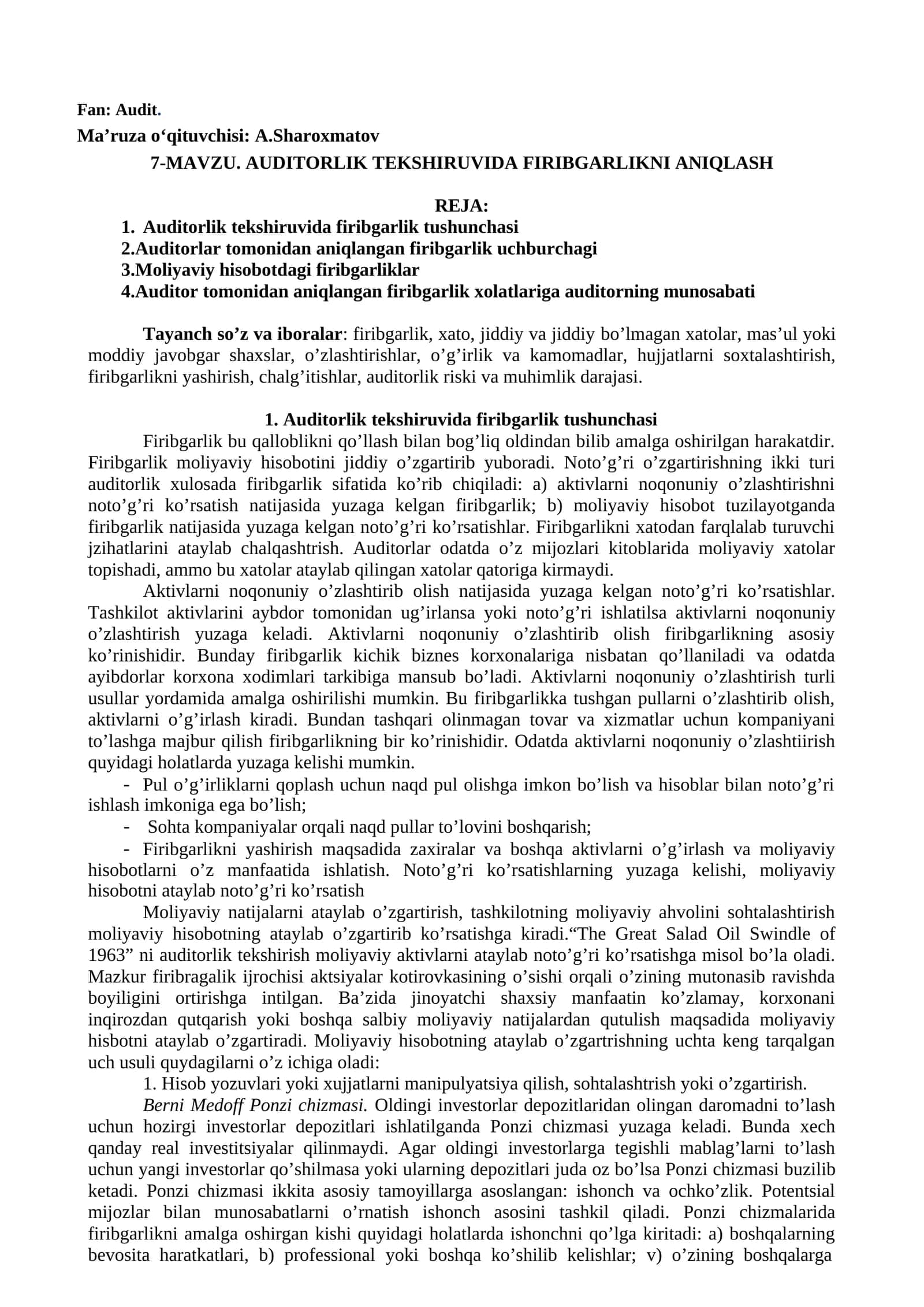 AUDITORLIK TEKSHIRUVIDA FIRIBGARLIKNI ANIQLASH 1