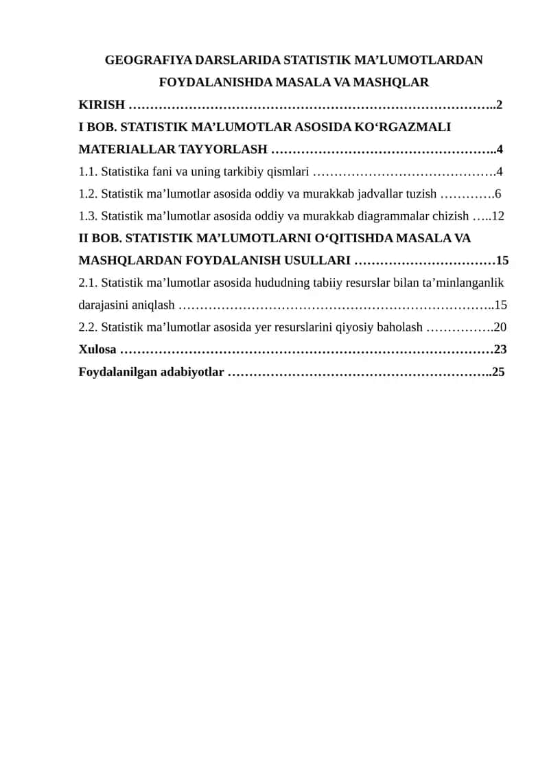 GEOGRAFIYA DARSLARIDA STATISTIK MA’LUMOTLARDAN FOYDALANISHDA MASALA VA MASHQLAR 1