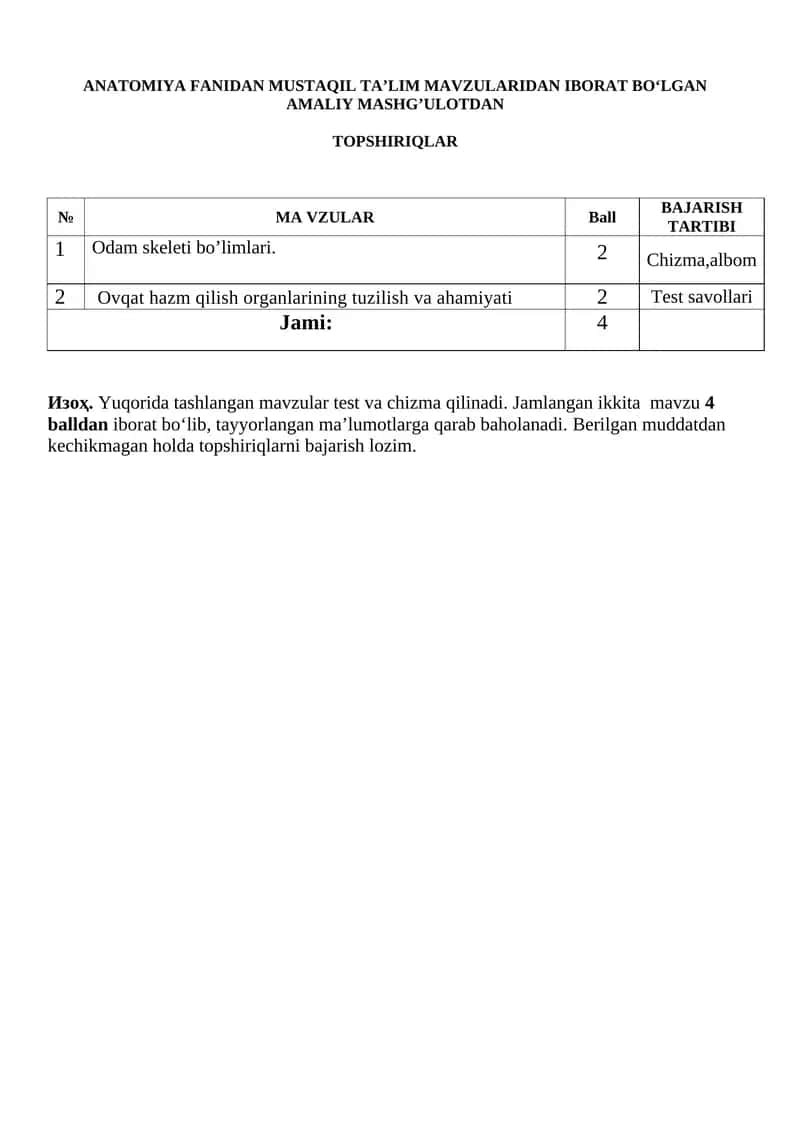 ANATOMIYA FANIDAN MUSTAQIL TA’LIM MAVZULARIDAN IBORAT BO‘LGAN AMALIY MASHG’ULOTDAN TOPSHIRIQLAR 1