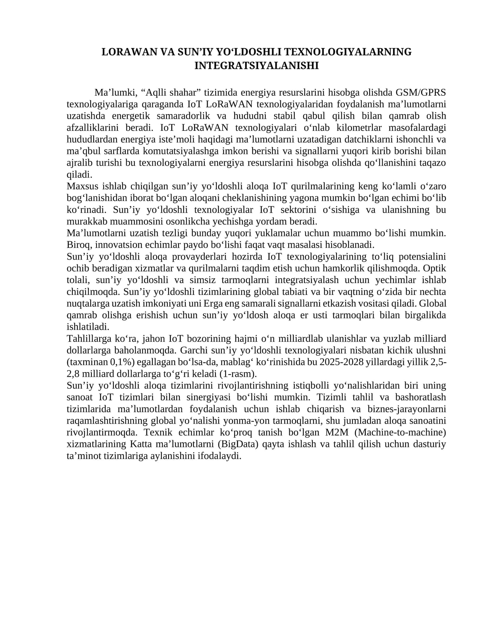 LORAWAN VA SUN’IY YO‘LDOSHLI TEXNOLOGIYALARNING INTEGRATSIYALANISHI 1