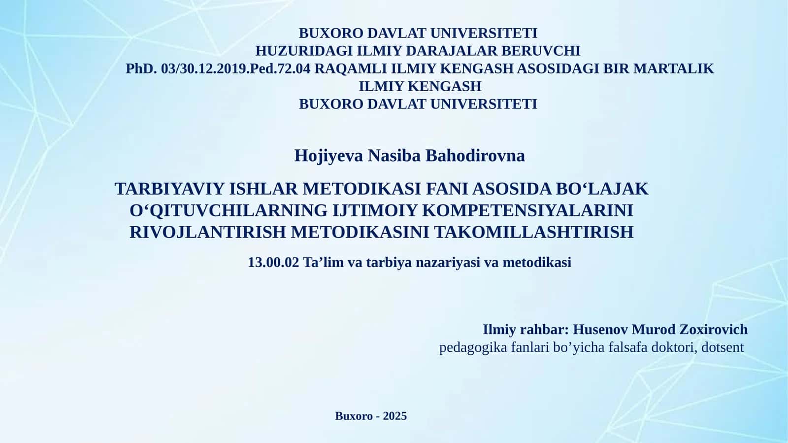 TARBIYAVIY ISHLAR METODIKASI FANI ASOSIDA BO‘LAJAK O‘QITUVCHILARNING IJTIMOIY KOMPETENSIYALARINI RIVOJLANTIRISH METODIKASI 1