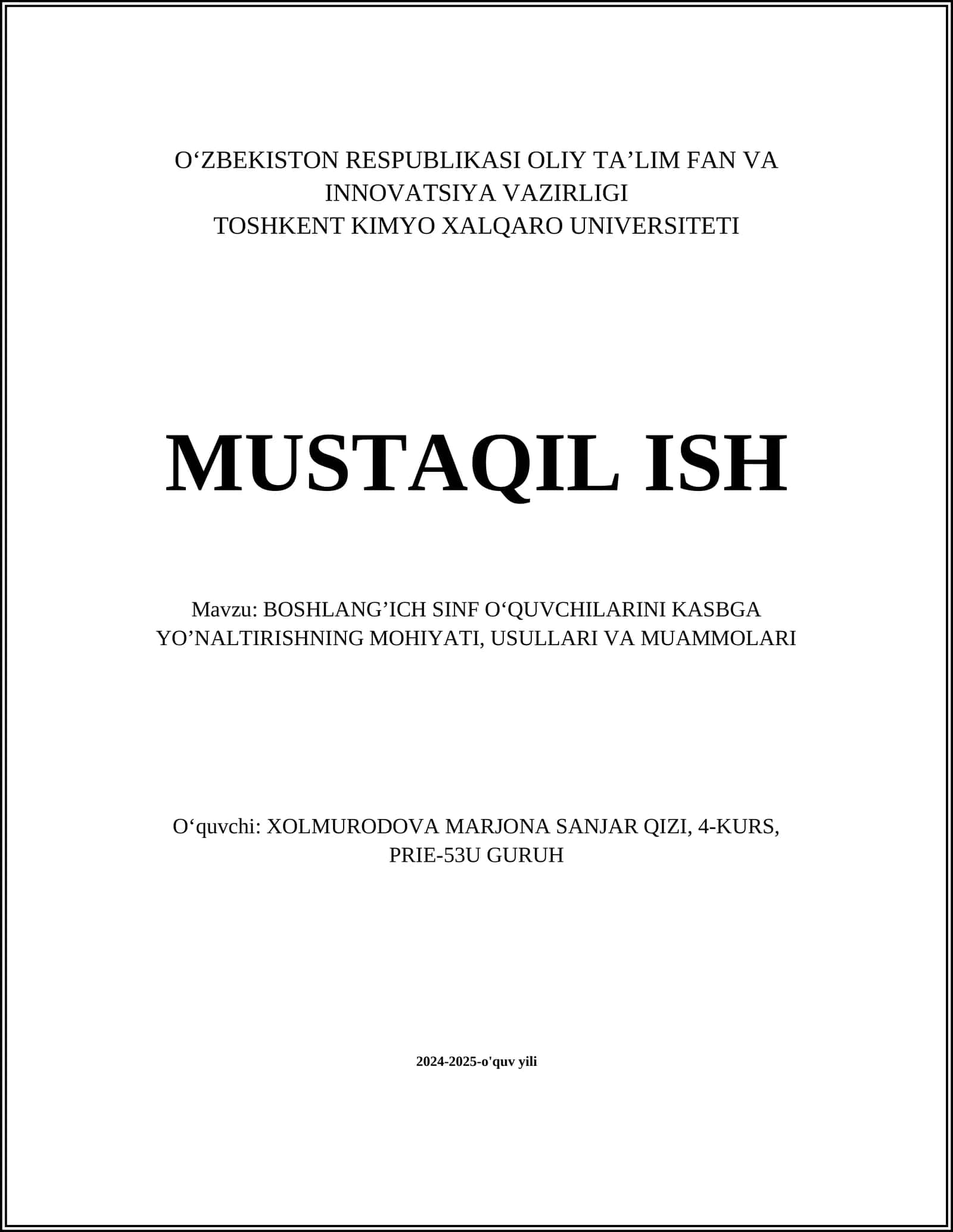 BOSHLANG’ICH SINF O‘QUVCHILARINI KASBGA YO’NALTIRISHNING MOHIYATI, USULLARI VA MUAMMOLARI 1
