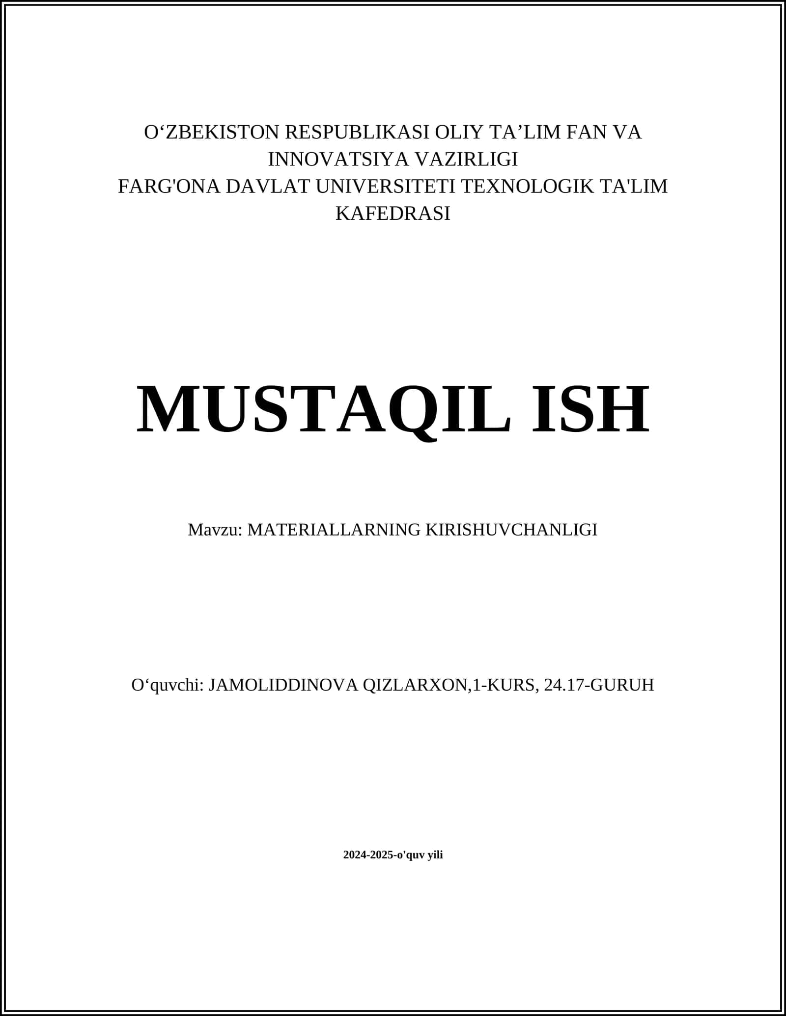 MATERIALLARNING KIRISHUVCHANLIGI 1