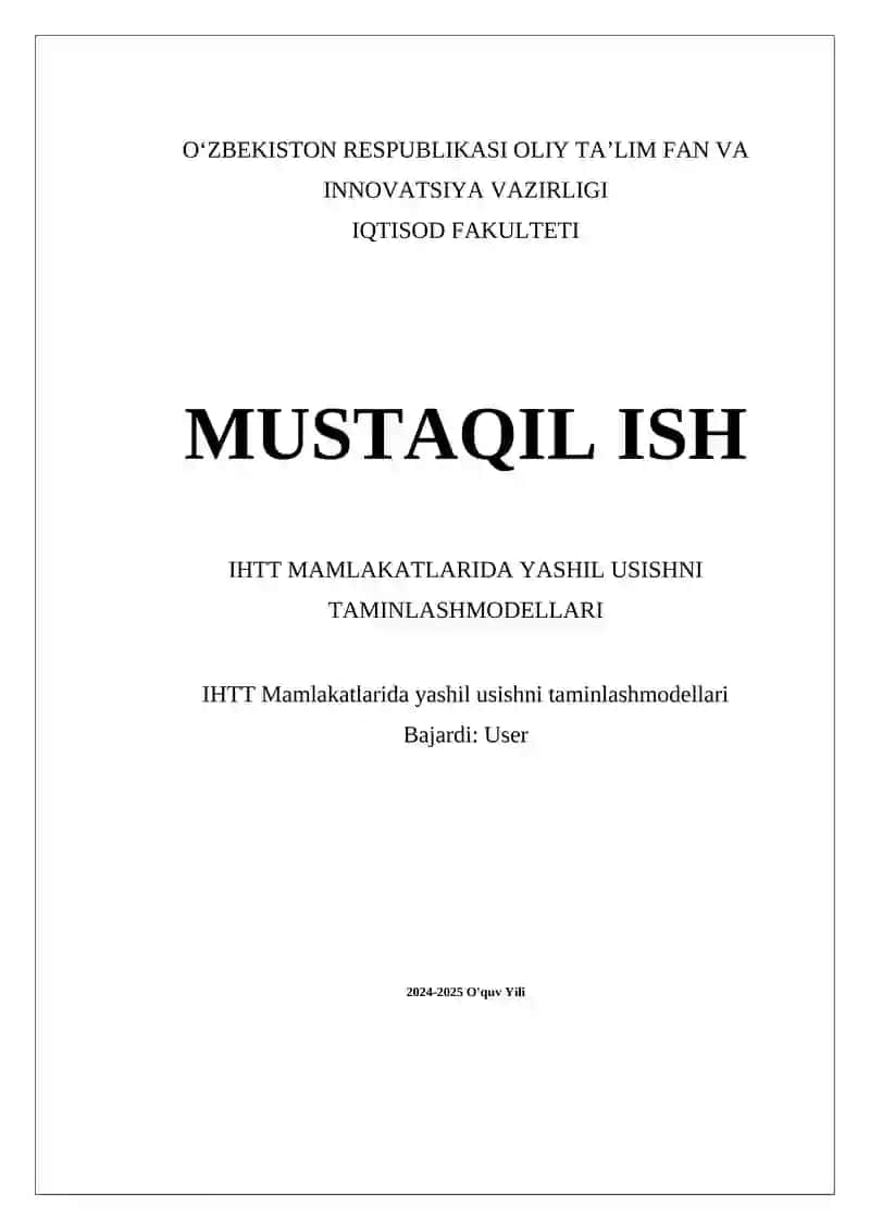 IHTT Mamlakatlarida yashil usishni taminlashmodellari