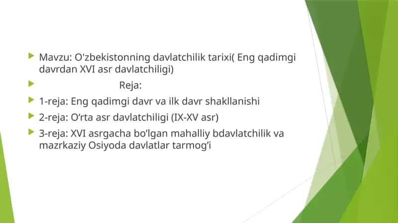 O'zbekistonning davlatchilik tarixi( Eng qadimgi davrdan XVI asr davlatchiligi) 1