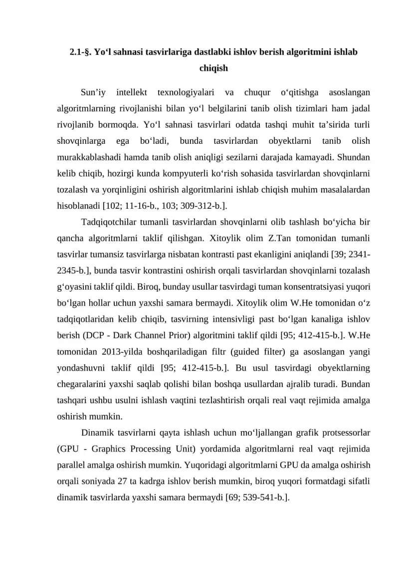 Yo‘l sahnasi tasvirlariga dastlabki ishlov berish algoritmi 1