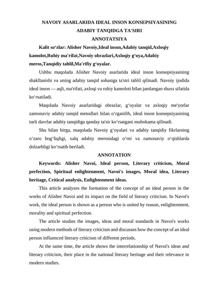 NAVOIY ASARLARIDA IDEAL INSON KONSEPSIYASINING ADABIY TANQIDGA TA'SIRI 1