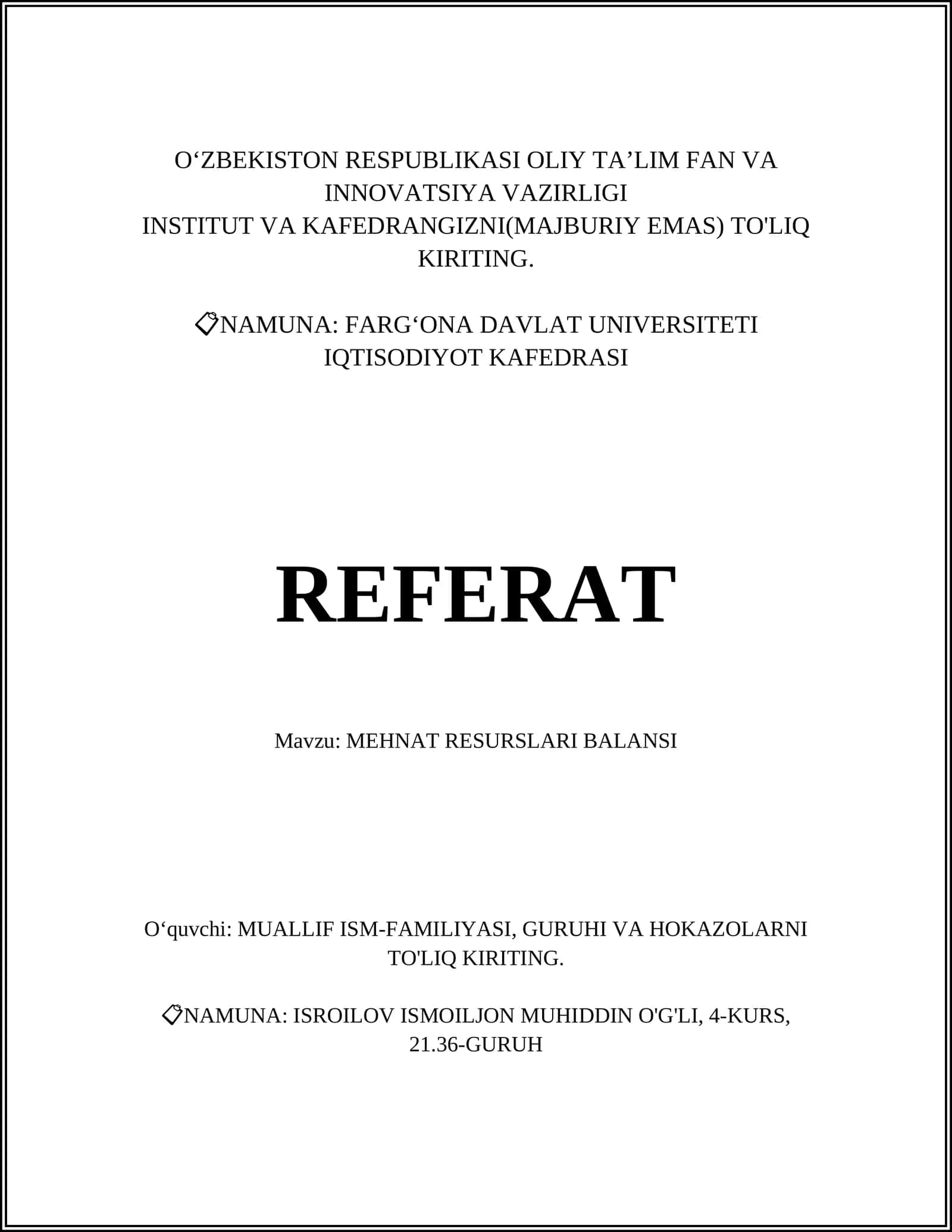 REFERAT: MEHNAT RESURSLARI BALANSI 1
