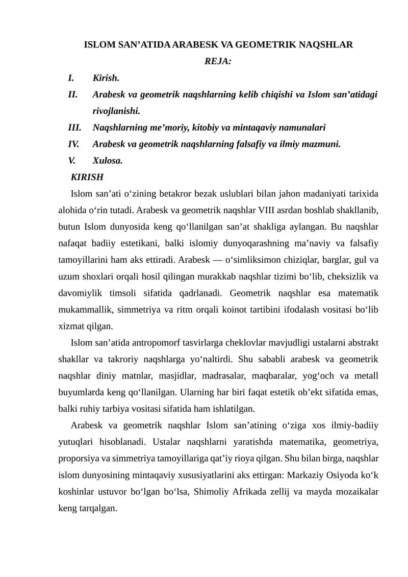 ISLOM SAN’ATIDA ARABESK VA GEOMETRIK NAQSHLAR 1