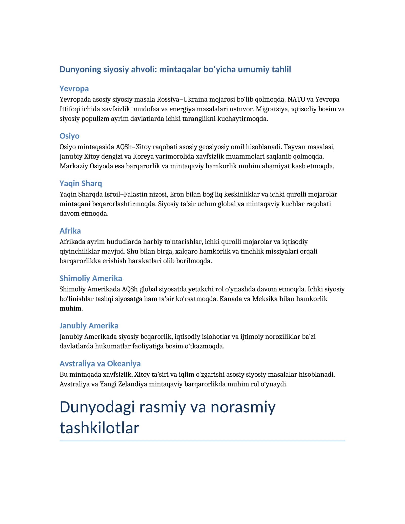 hozirgi dunyo, siyosat va xalqaro tashkikotlar 1