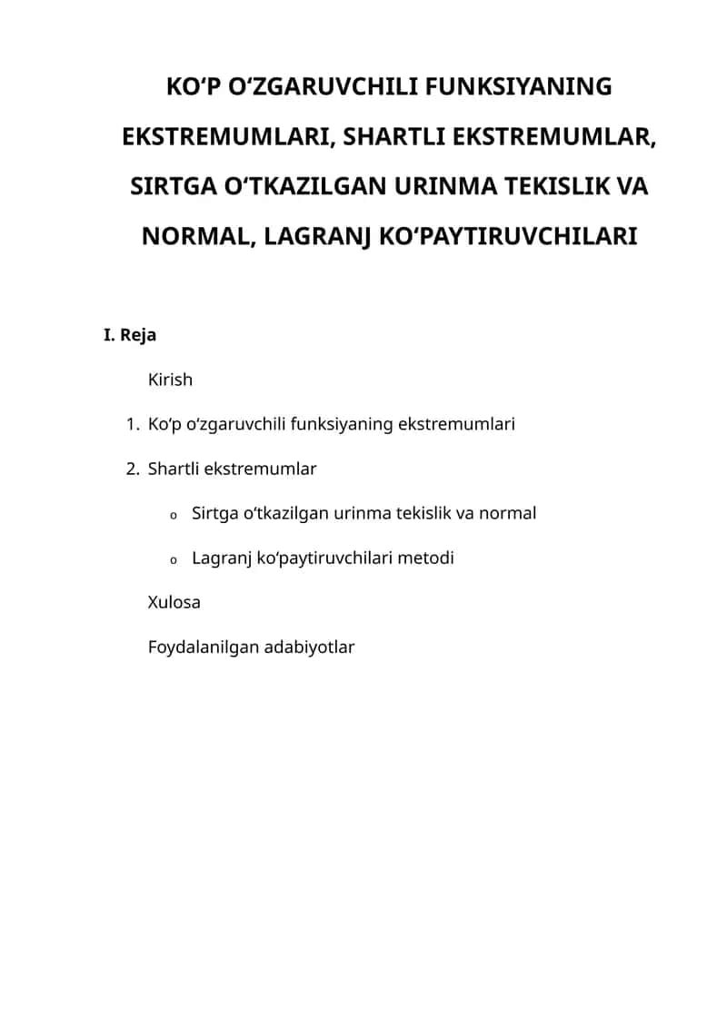 Ko‘p o‘zgaruvchili funksiya ekstremumlari 1