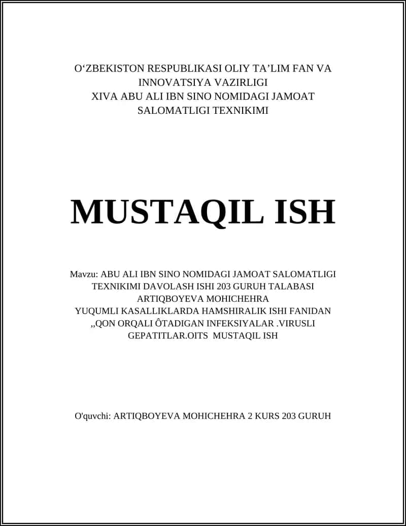 ABU ALI IBN SINO NOMIDAGI JAMOAT SALOMATLIGI TEXNIKIMI DAVOLASH ISHI 1