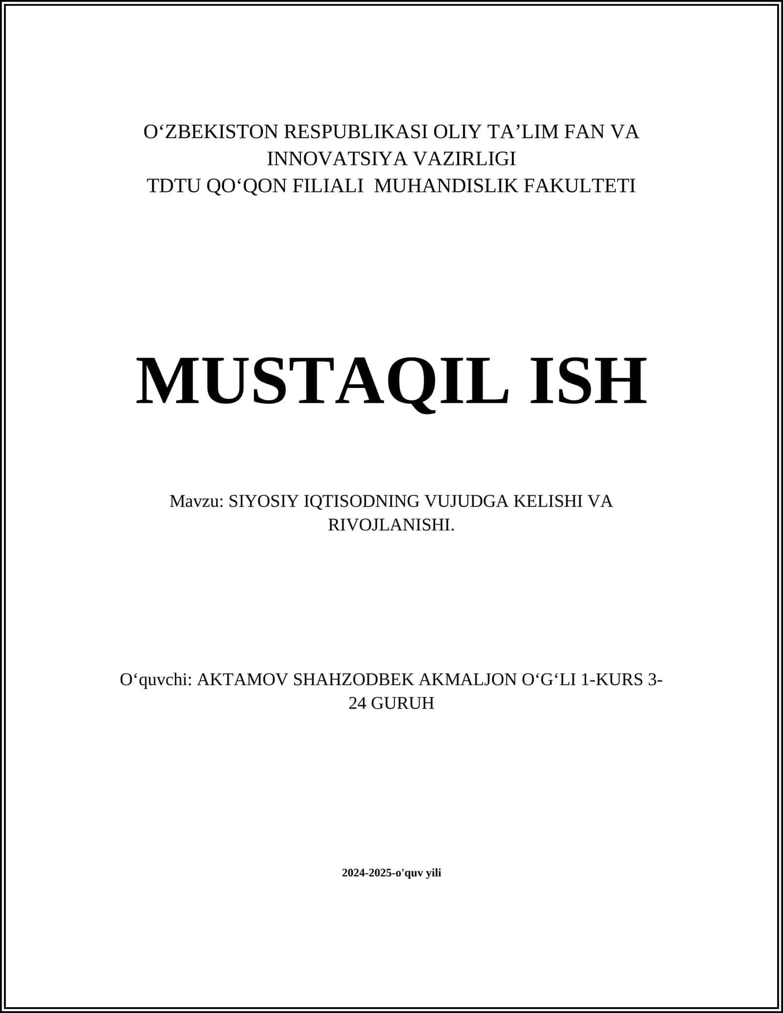 SIYOSIY IQTISODNING VUJUDGA KELISHI VA RIVOJLANISHI 1