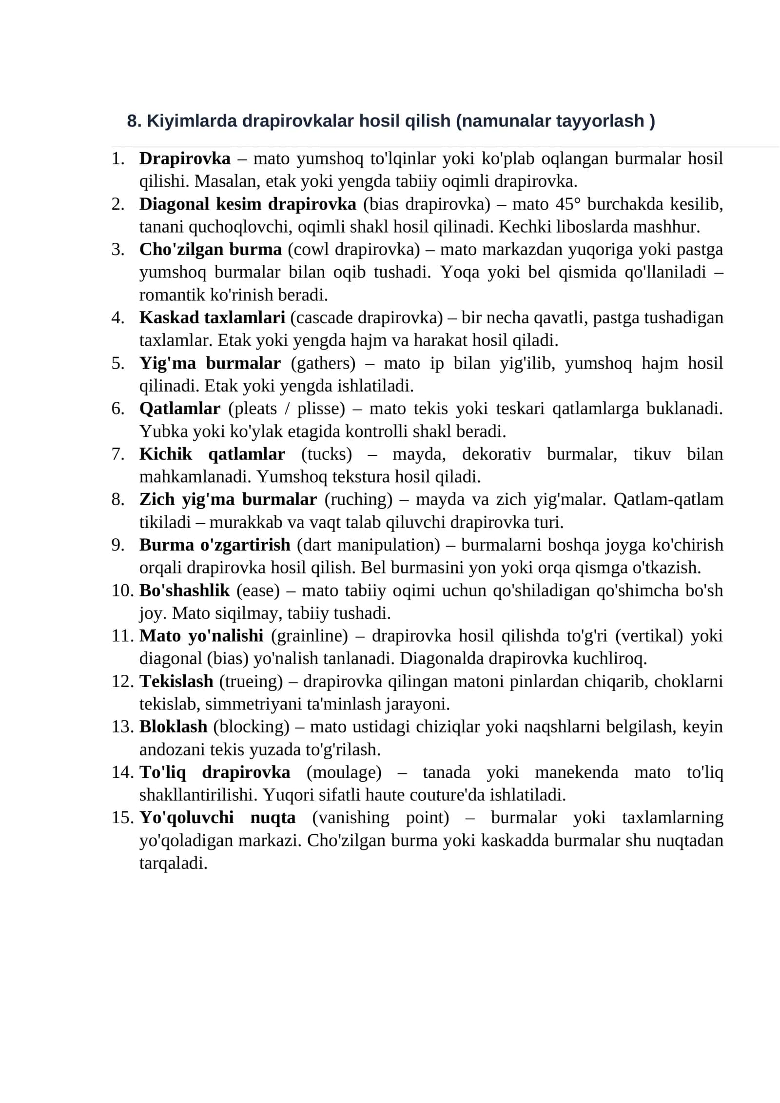 Kiyimlarda drapirovkalar hosil qilish (namunalar tayyorlash) 1