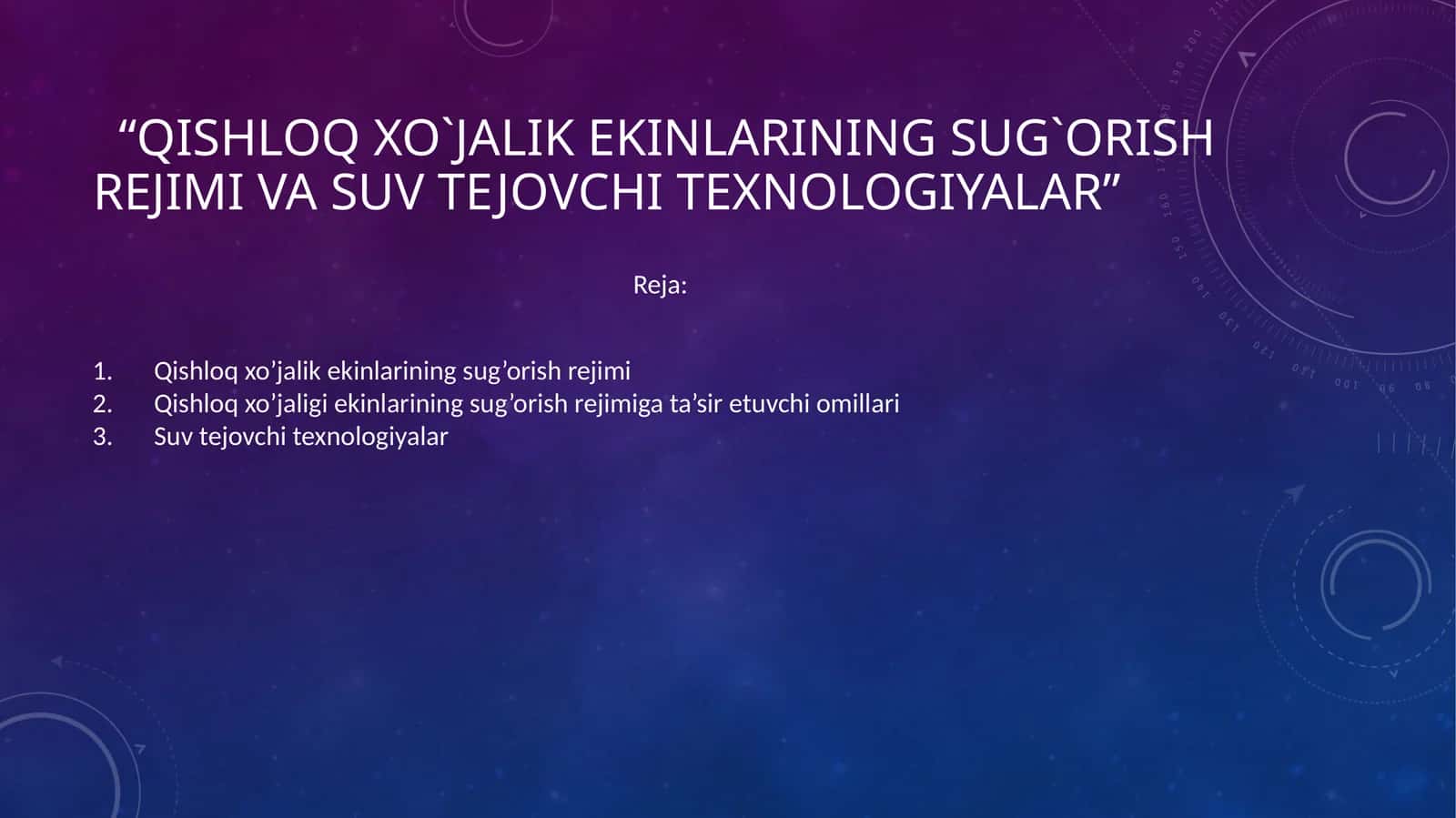 Qishloq xo`jalik ekinlarining sug`orish rеjimi va suv tejovchi texnologiyalar 1