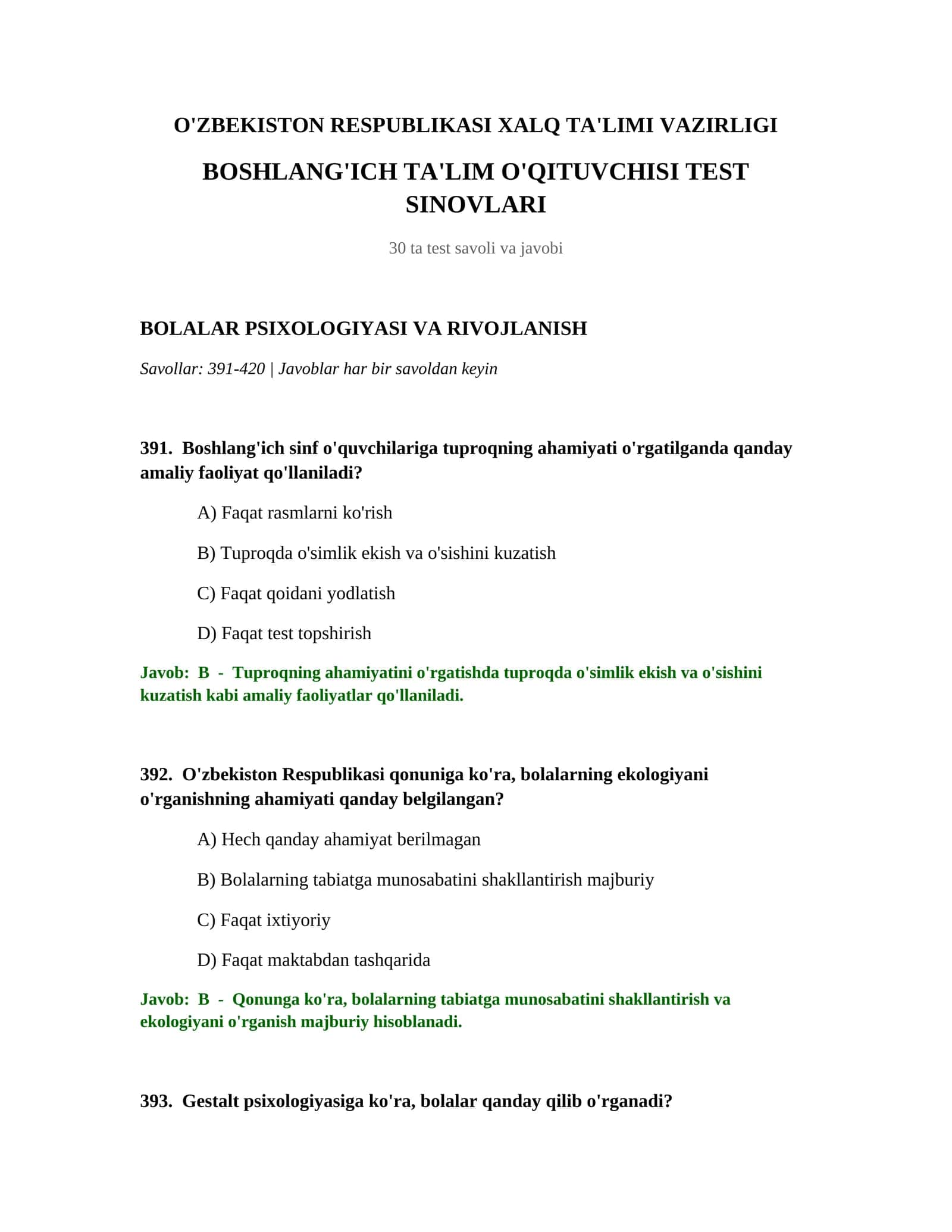 BOSHLANG'ICH TA'LIM O'QITUVCHISI TEST SINOVLARI 1