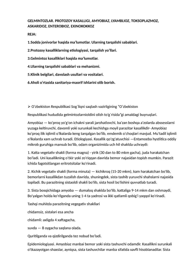 GELMINTOZLAR. PROTOZOY KASALLIGI, AMYOBIAZ, LYAMBLIOZ, TOKSOPLAZMOZ, ASKARIDOZ, ENTEROBIOZ, EXINOKOKKOZ 1