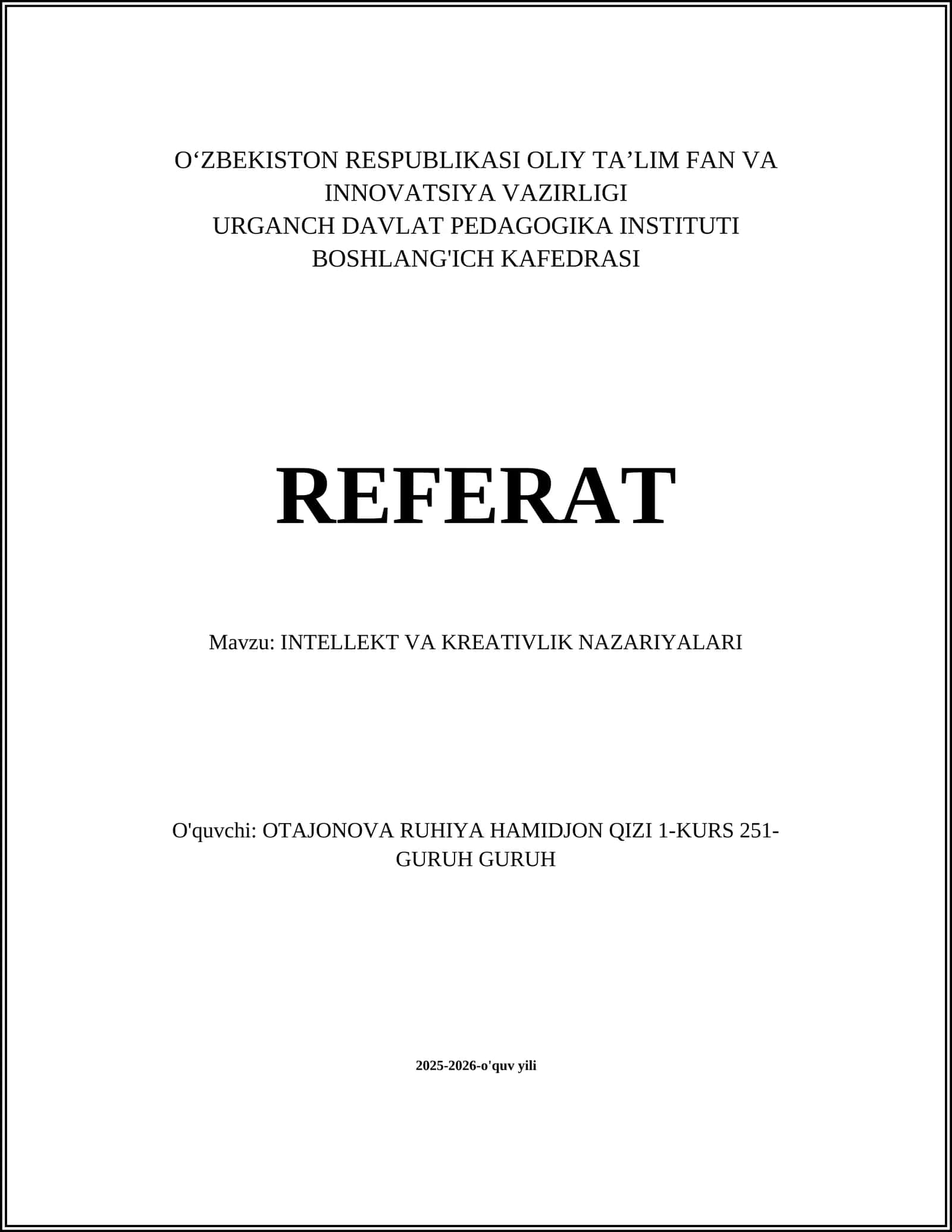 INTELLEKT VA KREATIVLIK NAZARIYALARI 1