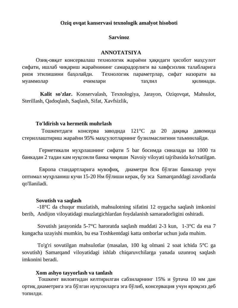 Oziq ovqat kanservasi texnologik amalyot hisoboti 1