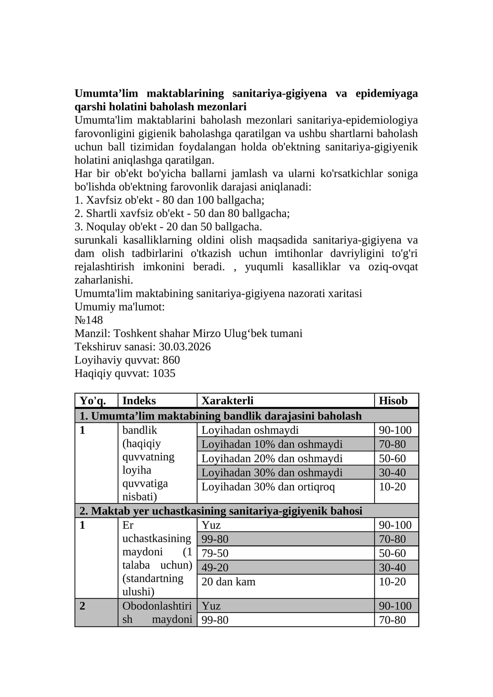 Umumta’lim maktablarining sanitariya-gigiyena va epidemiyaga qarshi holatini baholash mezonlari 1