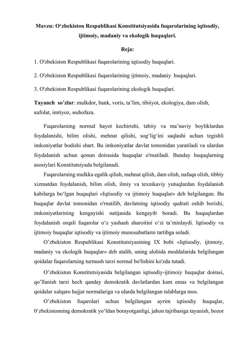 O‘zbekiston Respublikasi Konstitutsiyasida fuqarolarining iqtisodiy, ijtimoiy, madaniy va ekologik huquqlari. 1