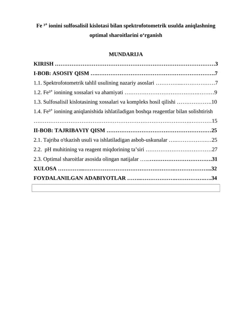 Fe ³⁺ ionini sulfosalisil kislotasi bilan spektrofotometrik usulda aniqlashning optimal sharoitlarini oʻrganish 1