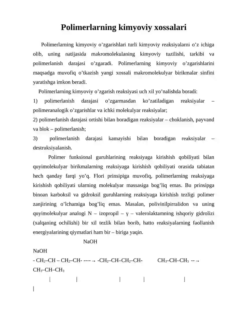 Polimerlarning kimyoviy xossalari