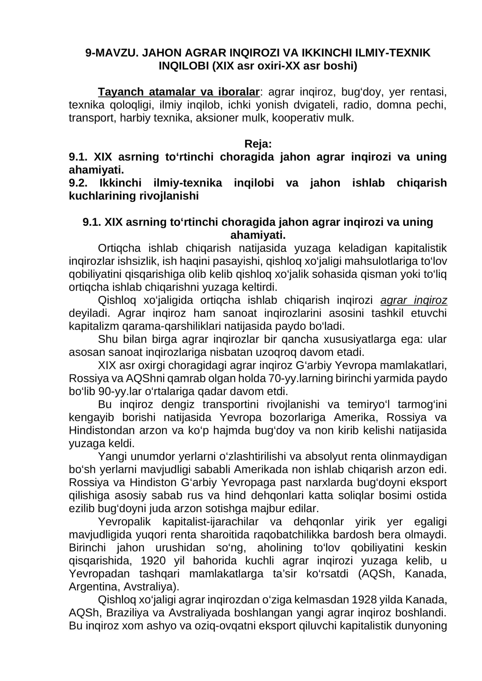 JAHON AGRAR INQIROZI VA IKKINCHI ILMIY-TEXNIK INQILOBI (XIX asr oxiri-XX asr boshi) 1