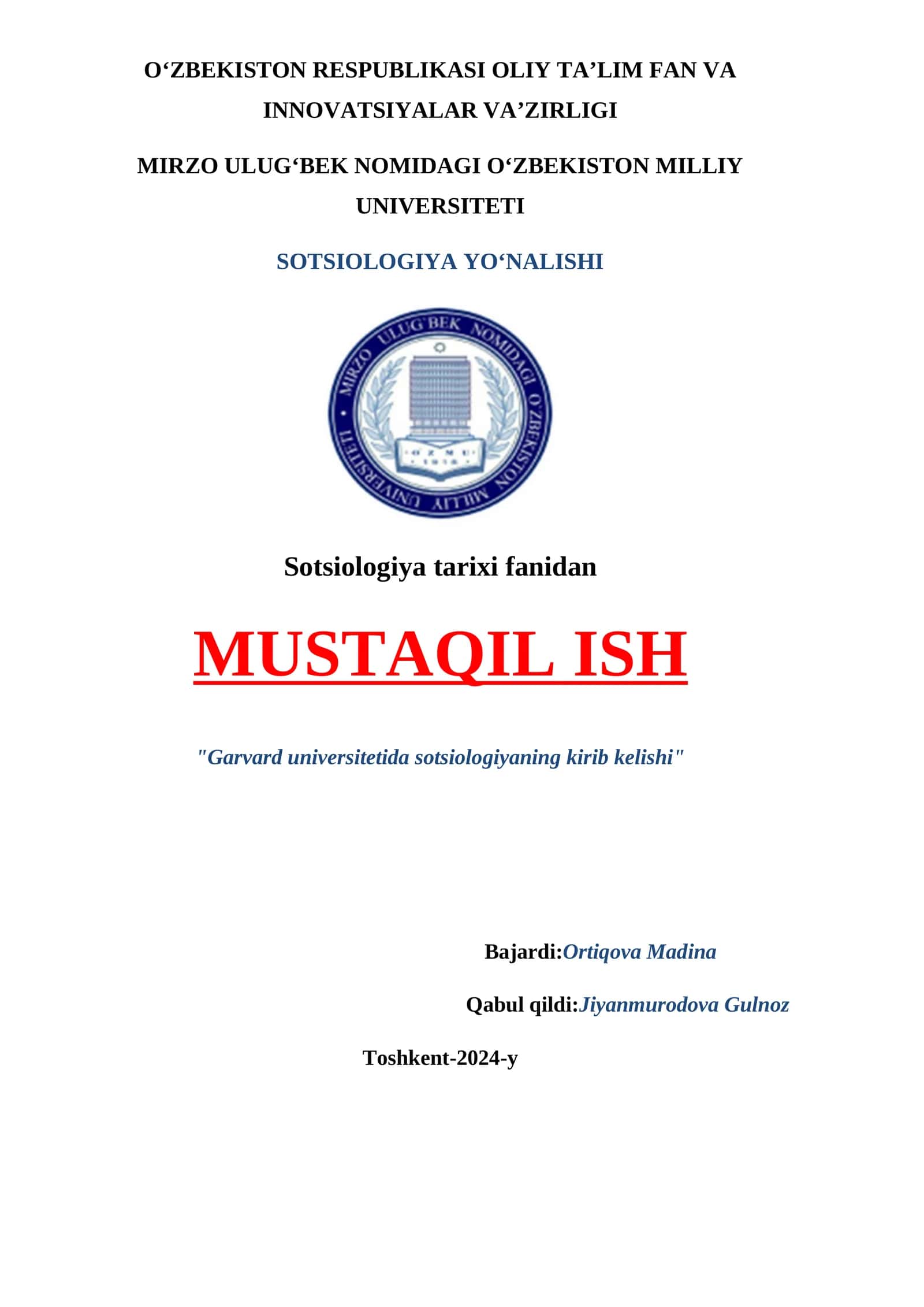 "Garvard universitetida sotsiologiyaning kirib kelishi" 1