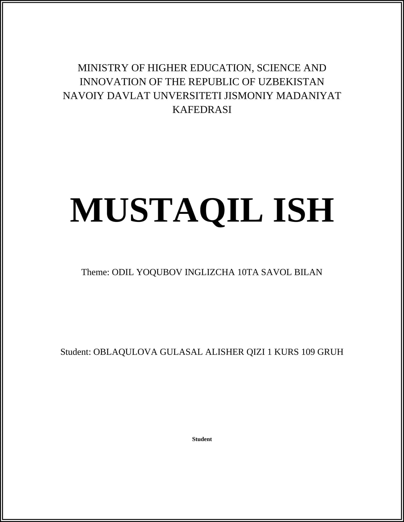 ODIL YOQUBOV INGLIZCHA 10TA SAVOL BILAN 1