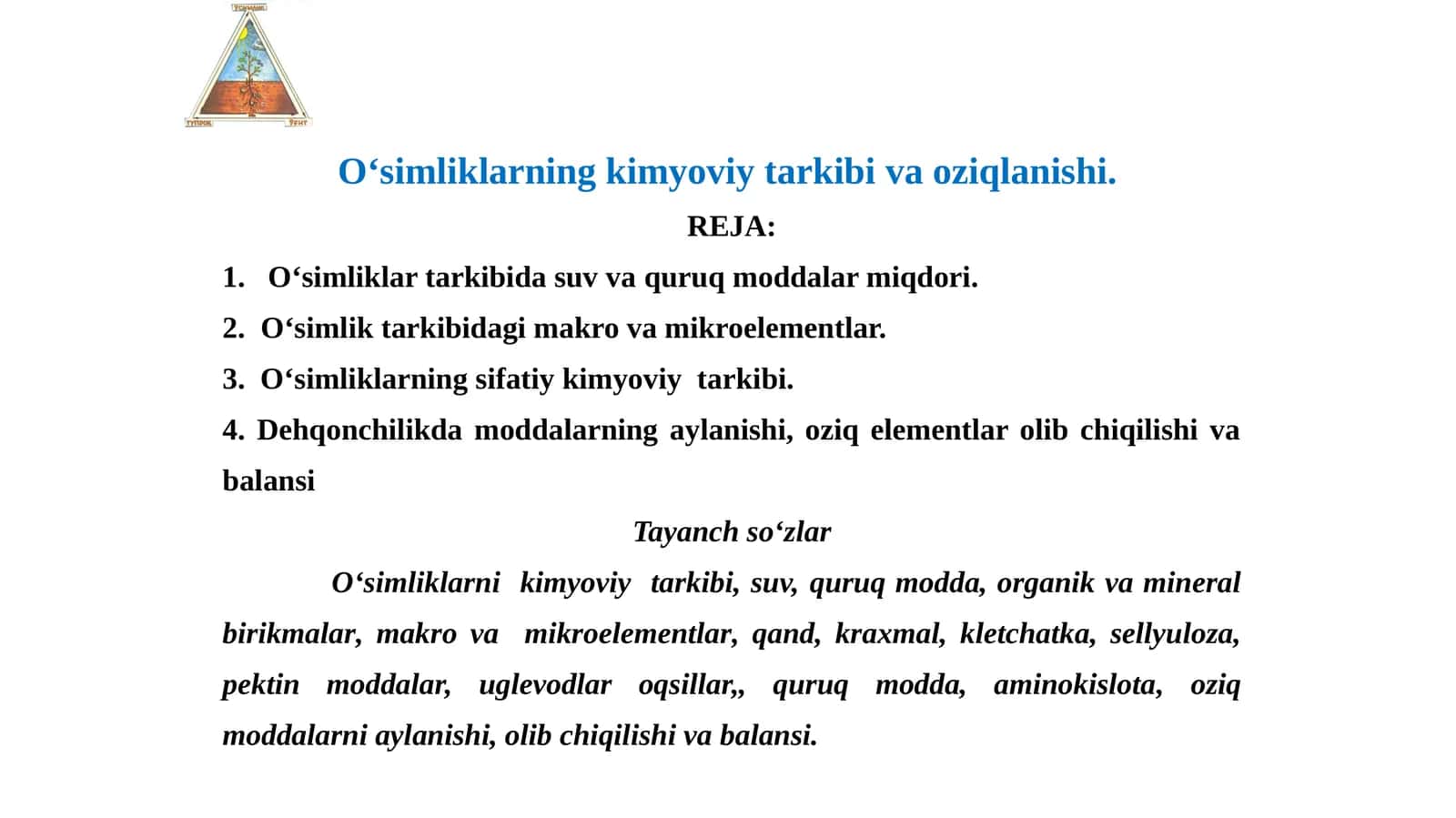 O‘simliklarning kimyoviy tarkibi va oziqlanishi 1