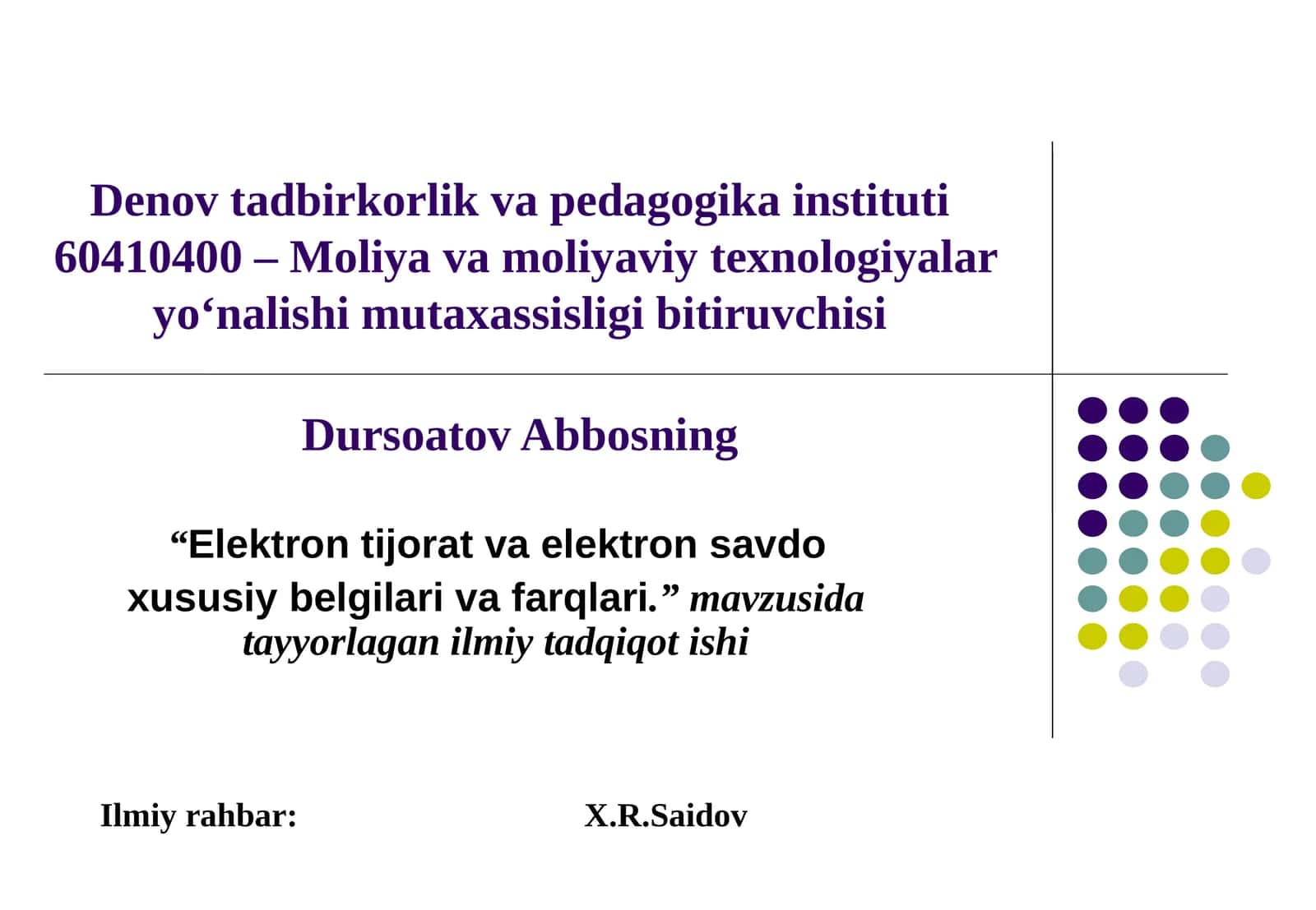 "Elektrontijorat va elektron savdo xususiy belgilar va farqlari." 1