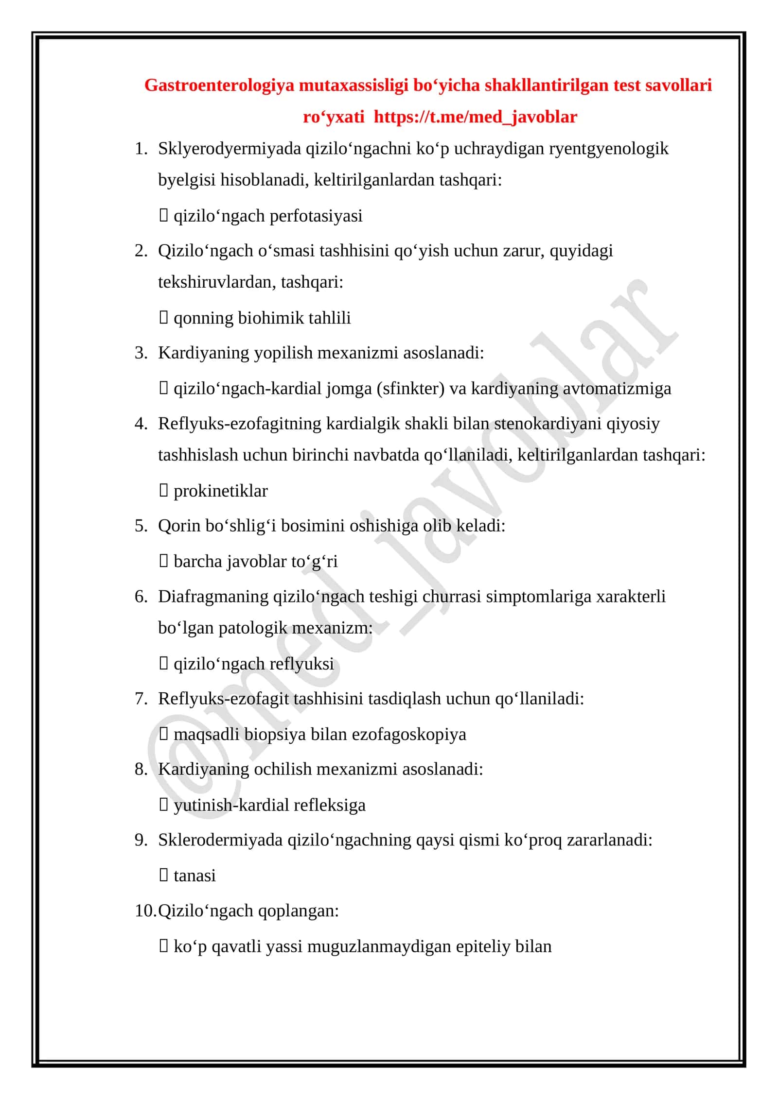 Gastroenterologiya mutaxassisligi boʻyicha shakllantirilgan test savollari roʻyxati 1