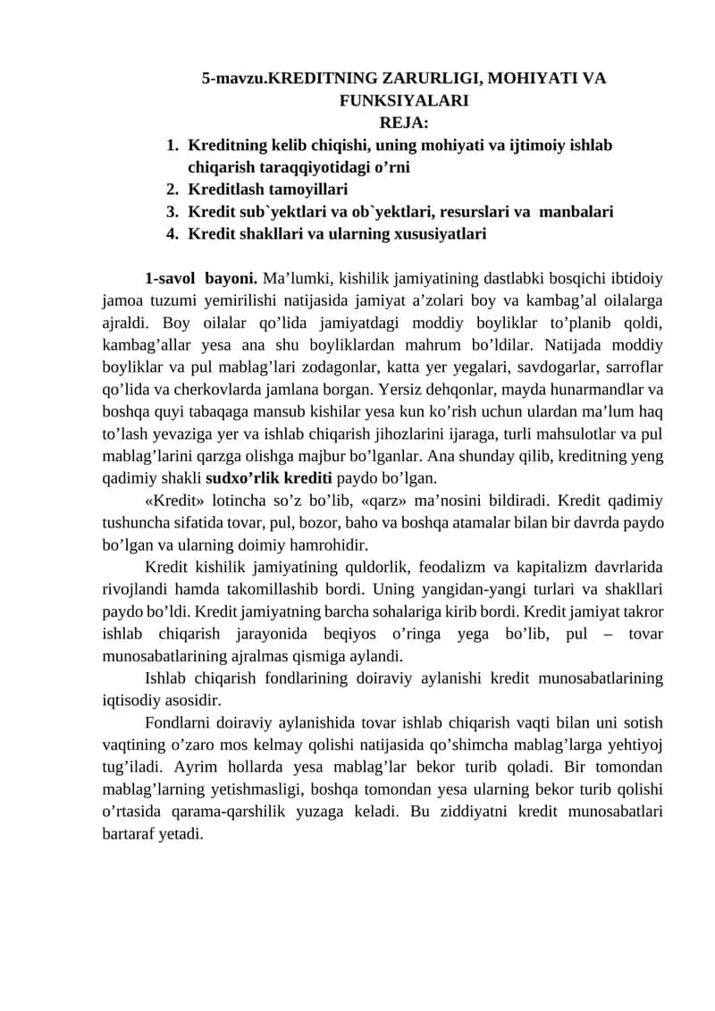 KREDITNING ZARURLIGI, MOHIYATI VA FUNKSIYALARI 1