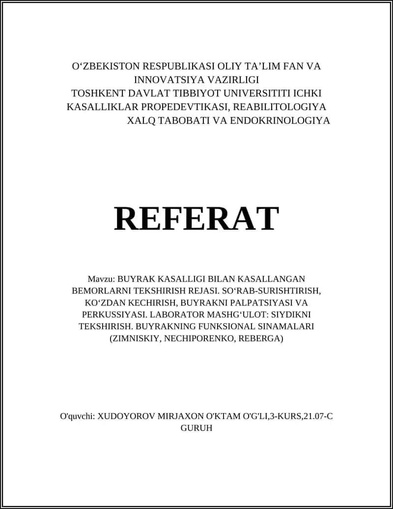 BUYRAK KASALLIGI BILAN KASALLANGAN BEMORLARNI TEKSHIRISH REJASI 1