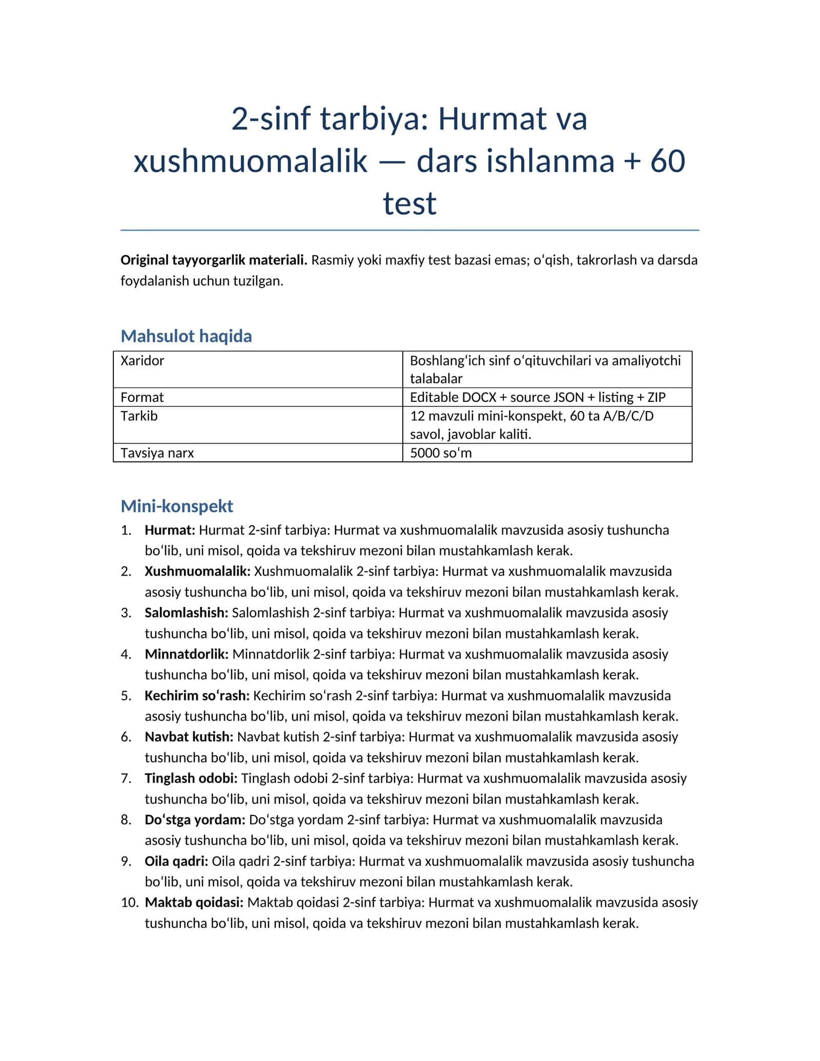 2-sinf tarbiya: Hurmat va xushmuomalalik 1