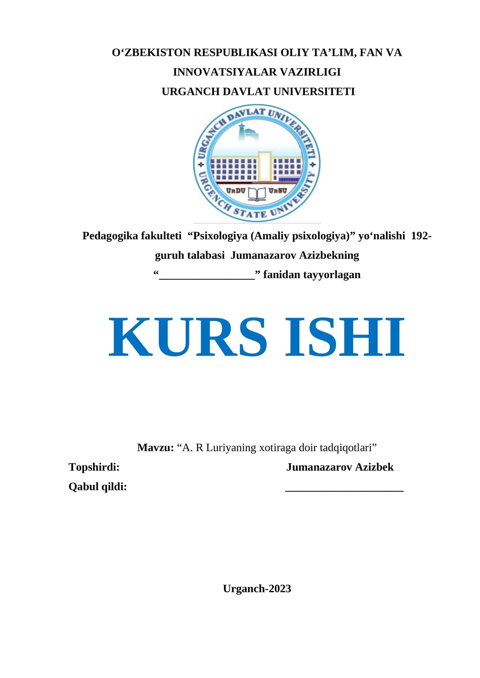 A. R Luriyaning xotiraga doir tadqiqotlari 1